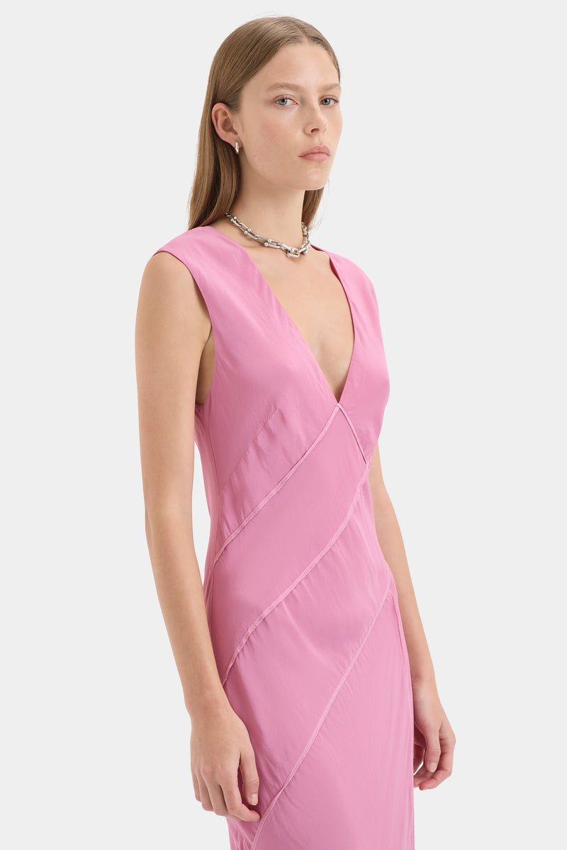 Elin Panelled Gown | Berry Silk-Viscose Asymmetric Maxi | SIR.