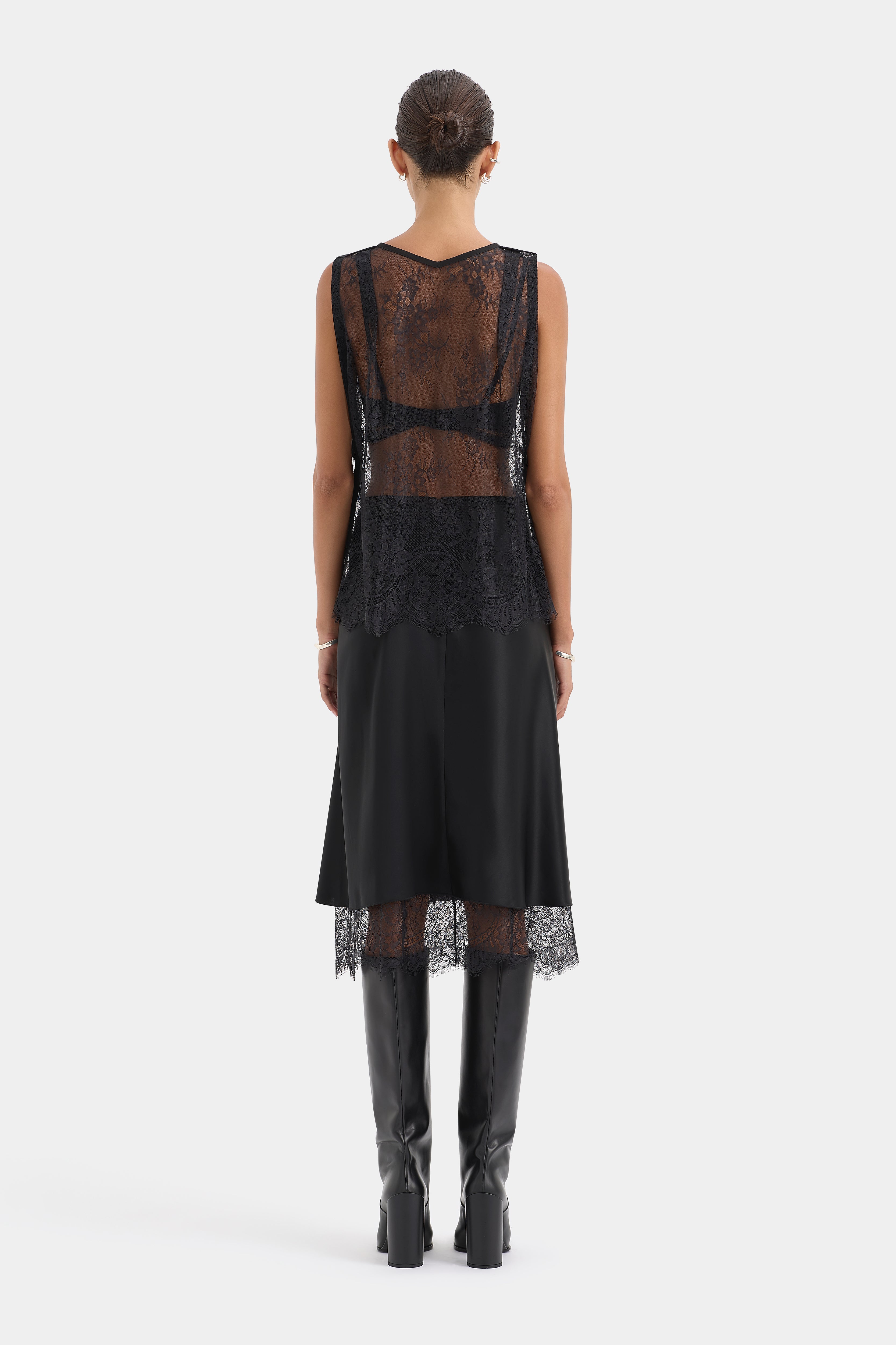 Ingrid Lace Midi Skirt | Black Heavyweight Silk-Like Asymmetric Fit | SIR.