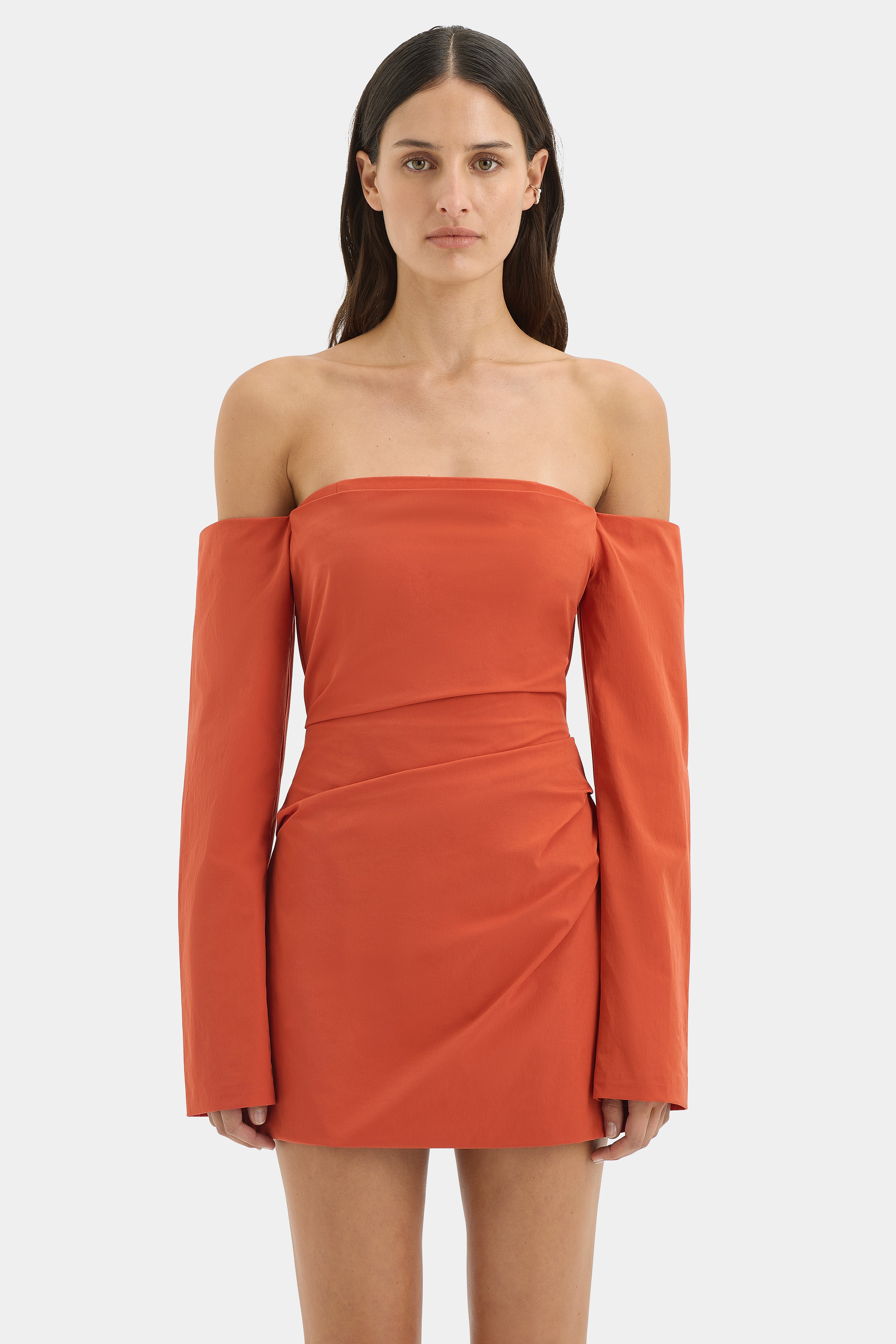 Rossana Off Shoulder Mini Dress | Red Orange Terracotta | SIR. Rossana Off Shoulder Mini Dress | Red Orange Terracotta | SIR.