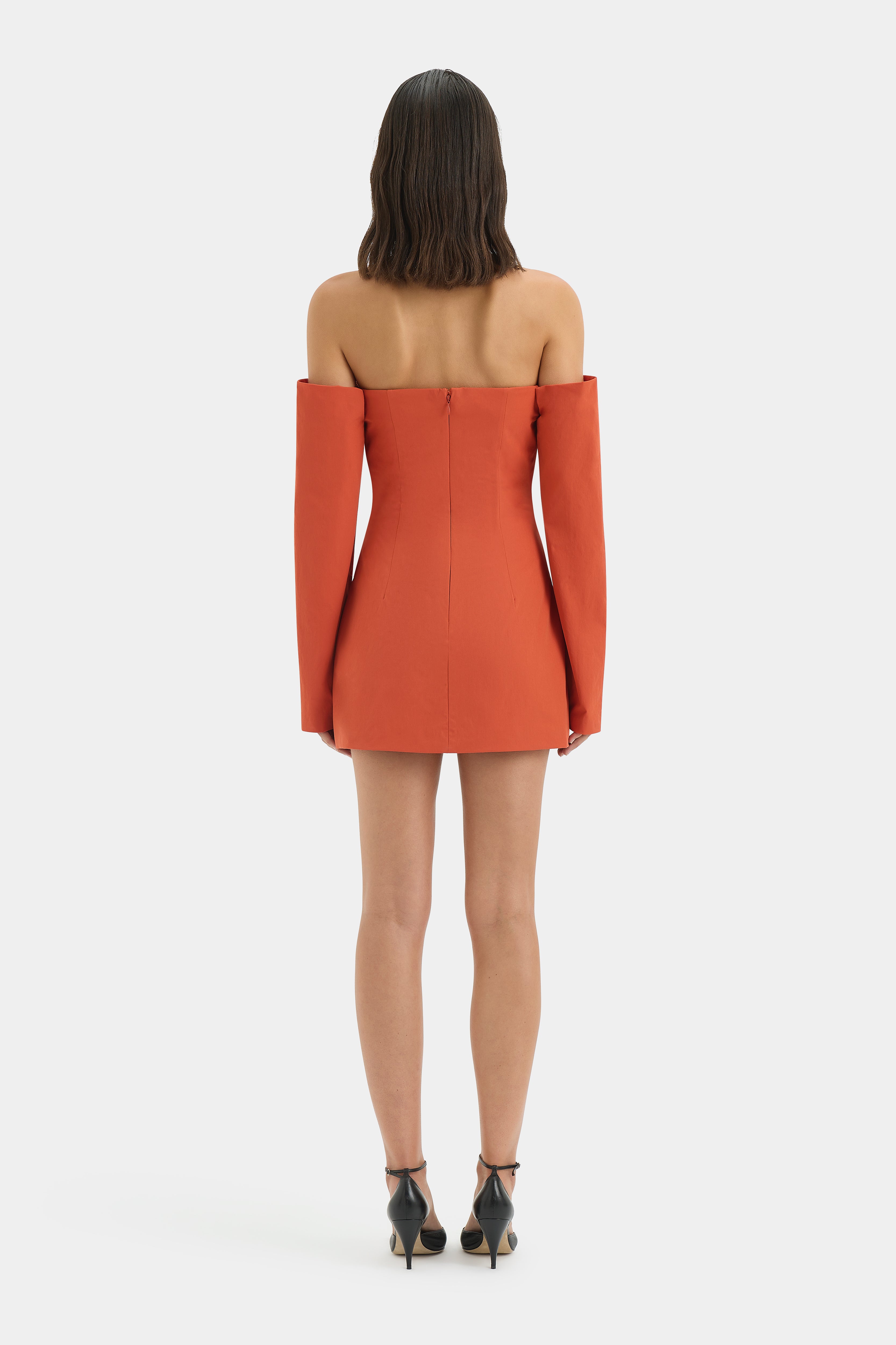Rossana Off Shoulder Mini Dress | Red Orange Terracotta | SIR. Rossana Off Shoulder Mini Dress | Red Orange Terracotta | SIR.