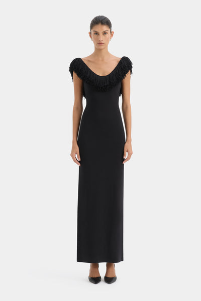 strapless open back dress Marcelline Gown | Black Fringe Detail Evening Dress