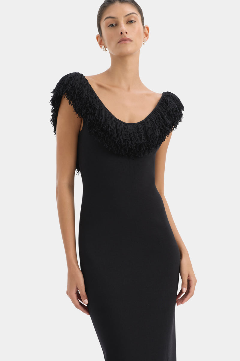 Marcelline Gown | Black Fringe Detail Evening Dress