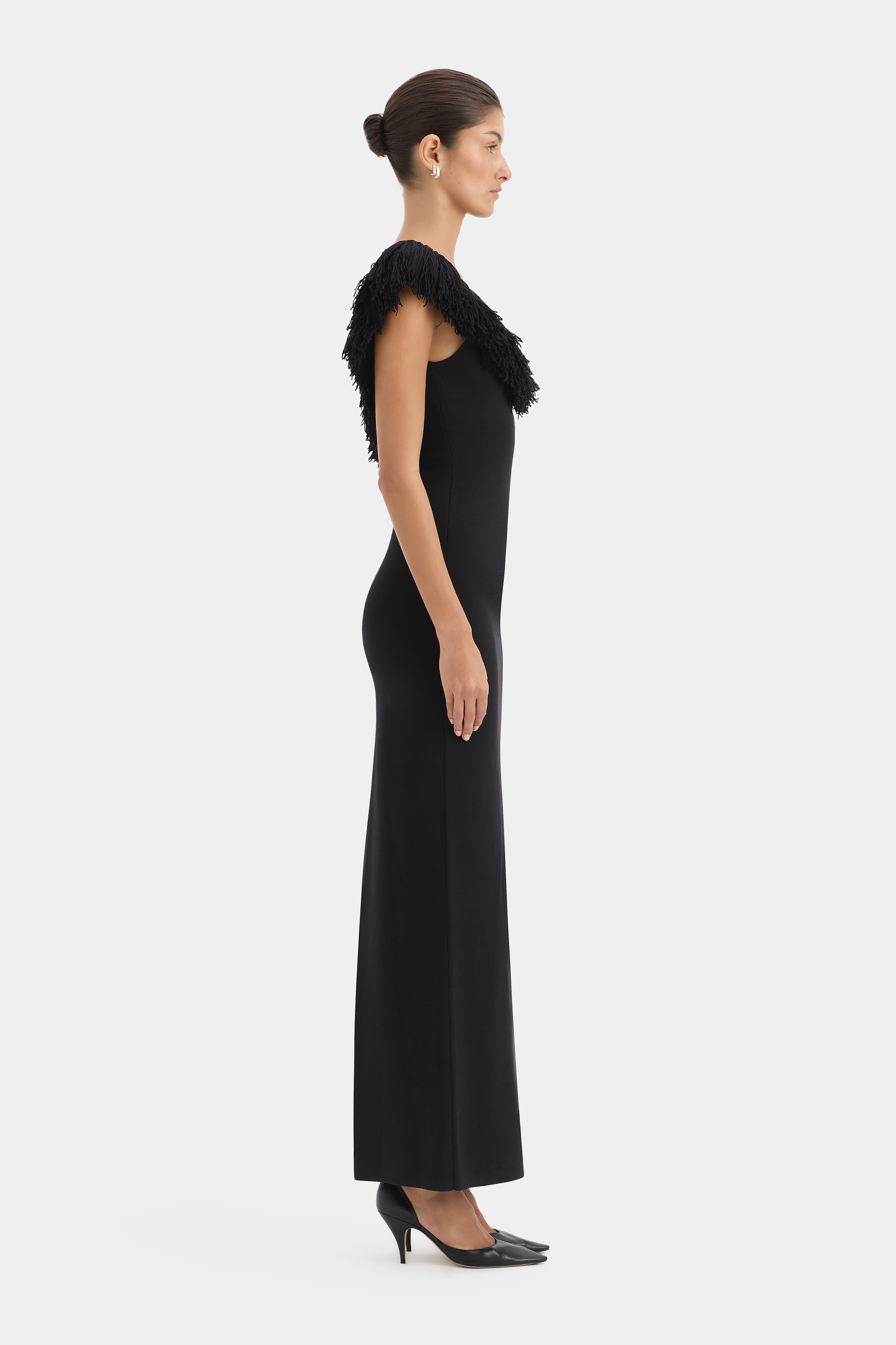 knee length dresses for ladies Marcelline Gown | Black Fringe Detail Evening Dress