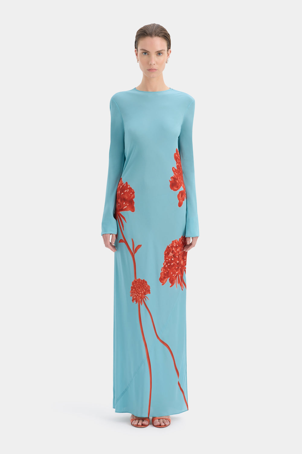 fitted lace wedding dress Amelie Long Sleeve Dress | Flore Blue Floral Silk Maxi