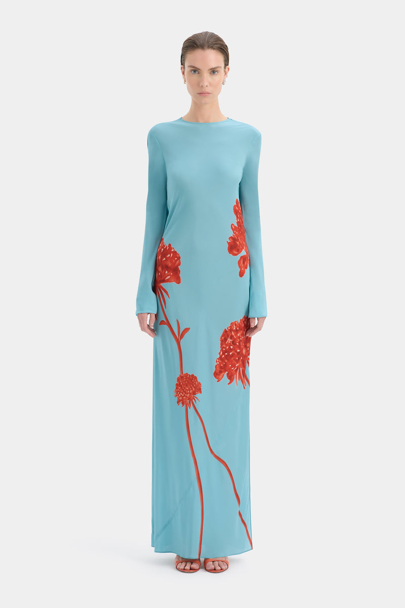 Amelie Long Sleeve Dress | Flore Blue Floral Silk Maxi