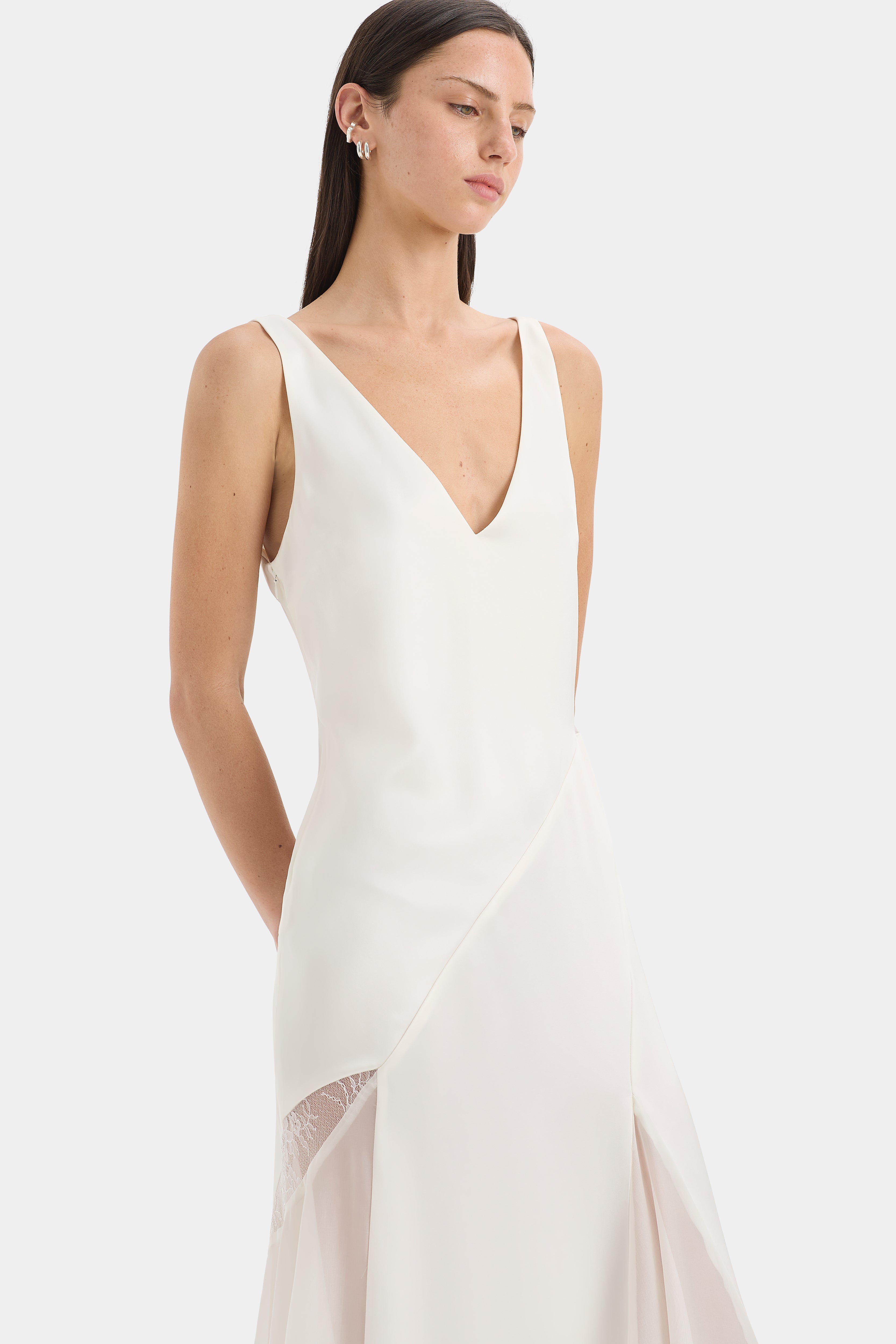 Ingrid Lace Midi Dress | Ivory Silk-Like Scandi Silhouette