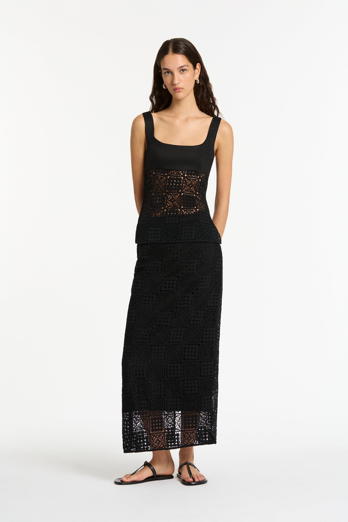 SIR the label Rayure Midi Skirt Black Crochet