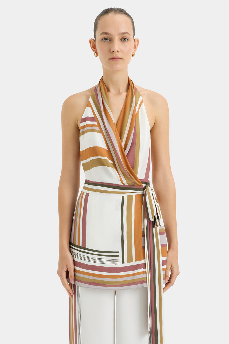 SIR the label Caprera Wrap Halter Mini Dress MILAZZO STRIPE