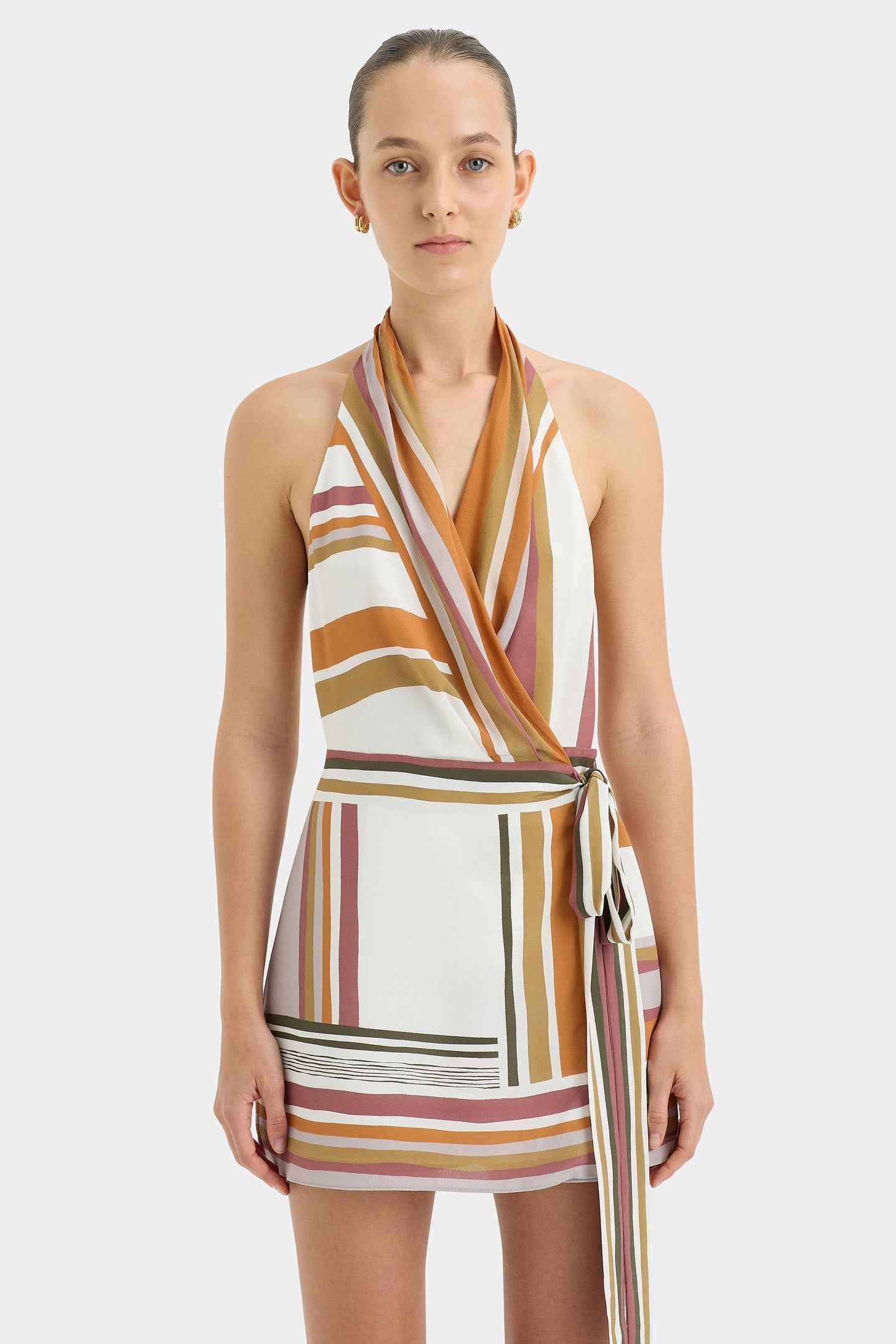 SIR the label Caprera Wrap Halter Mini Dress MILAZZO STRIPE