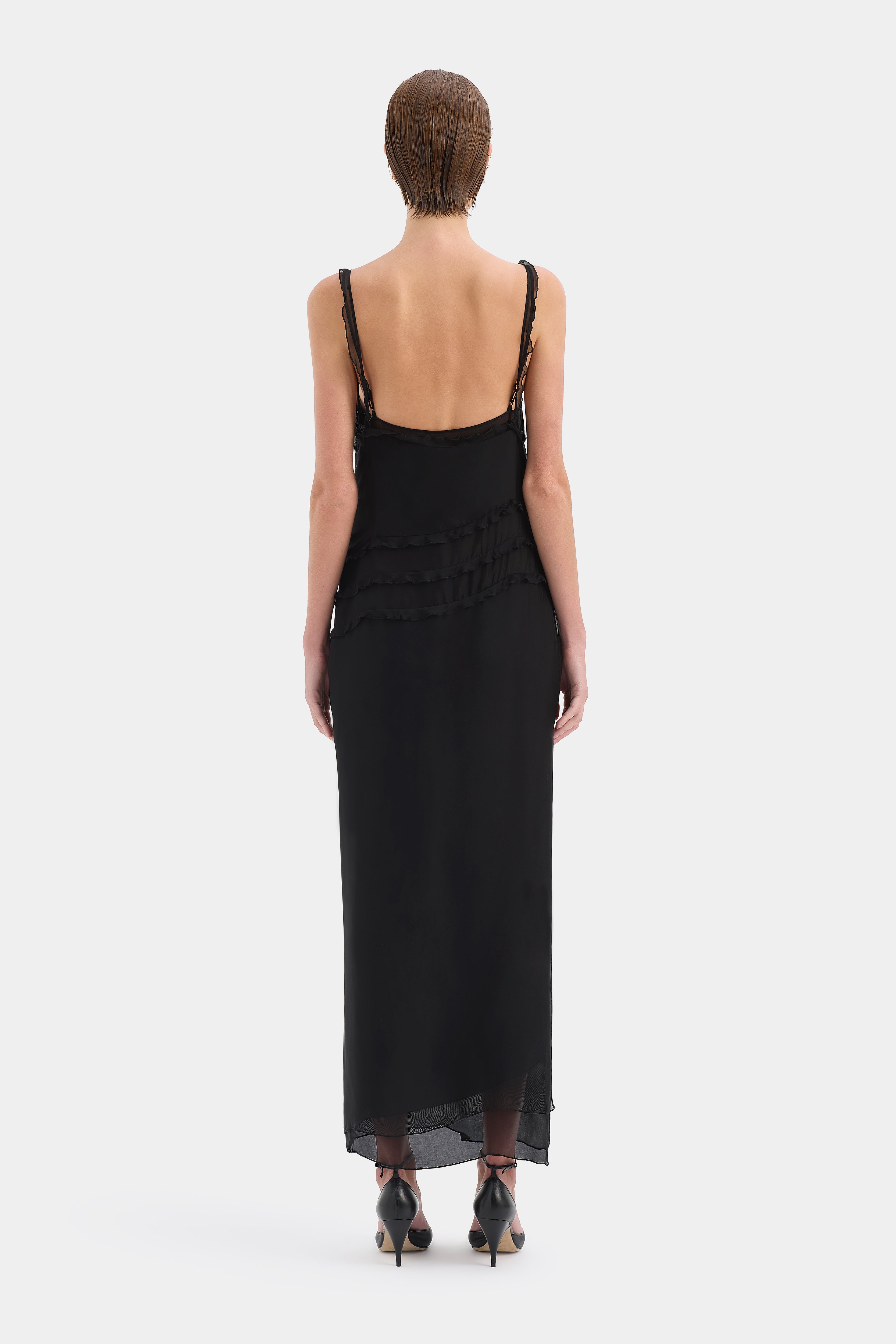 Aurelia Midi Dress | Black Silk Blend Frill Dress