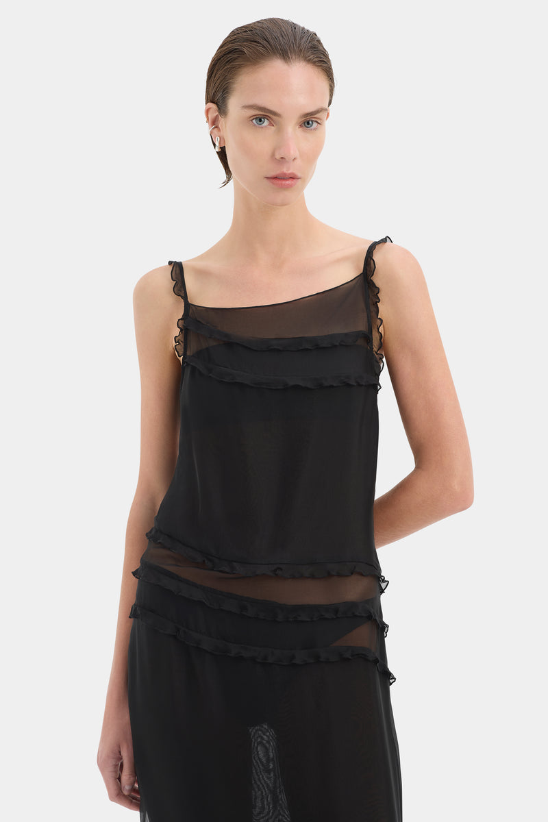 Aurelia Midi Dress | Black Silk Blend Frill Dress