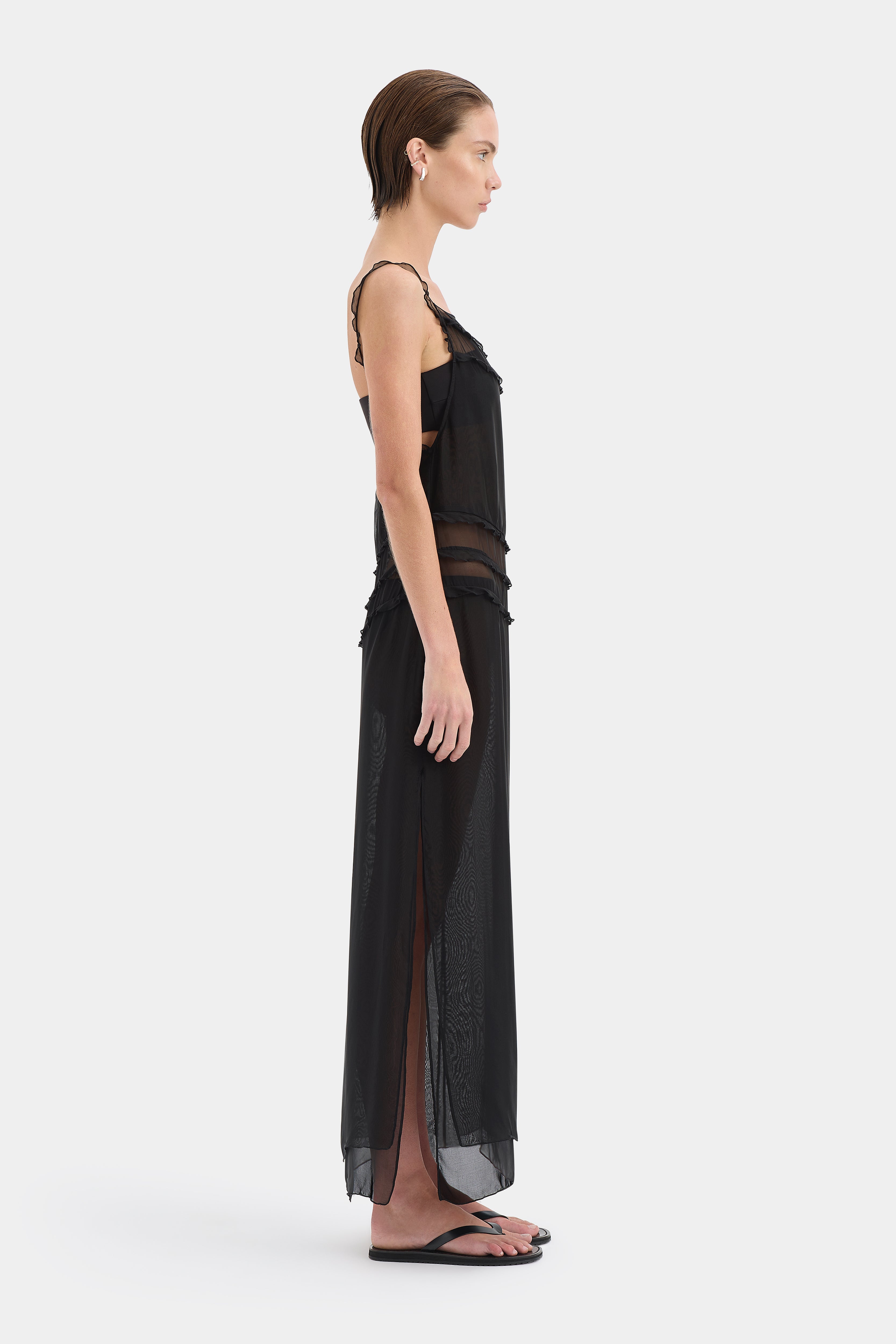Aurelia Midi Dress | Black Silk Blend Frill Dress | SIR. Aurelia Midi Dress | Black Silk Blend Frill Dress | SIR.