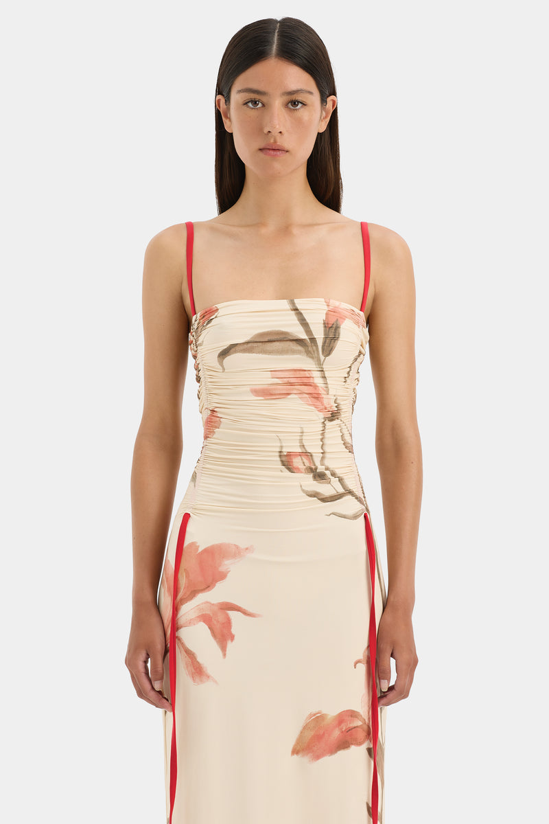 SIR the label Hana Ruched Midi Dress Gladioli Print