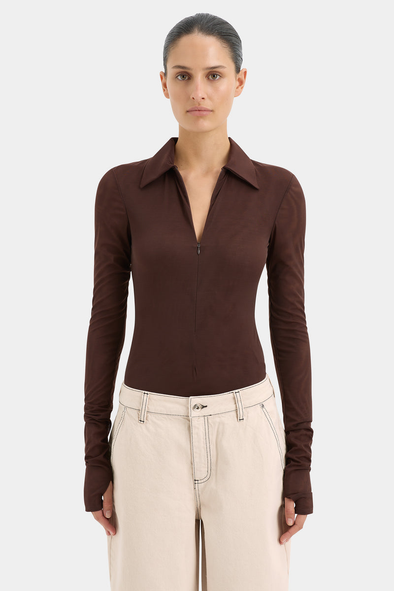SIR the label Jacques Mesh Zip Bodysuit Chocolate