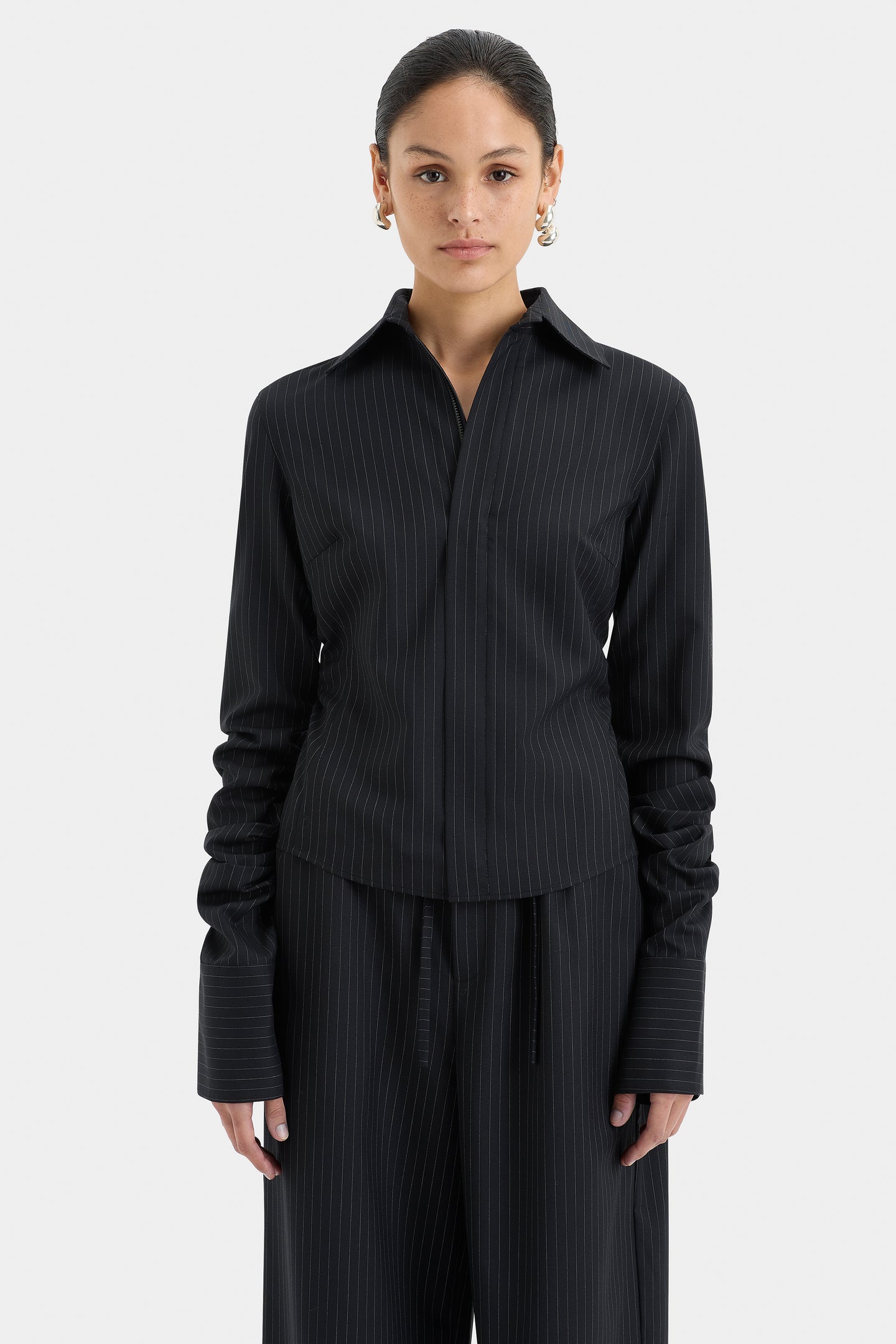 SIR the label Edie Ruched Sleeve Shirt PINSTRIPE