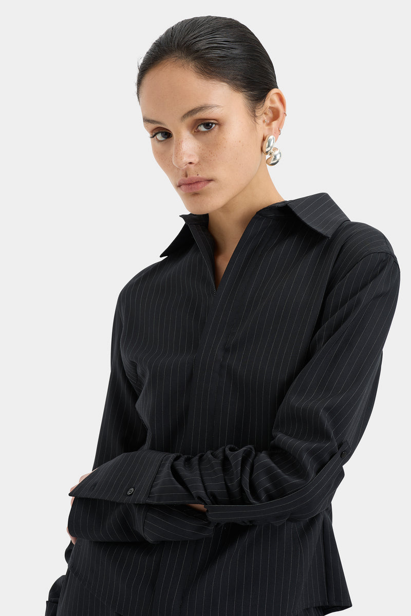 SIR the label Edie Ruched Sleeve Shirt PINSTRIPE