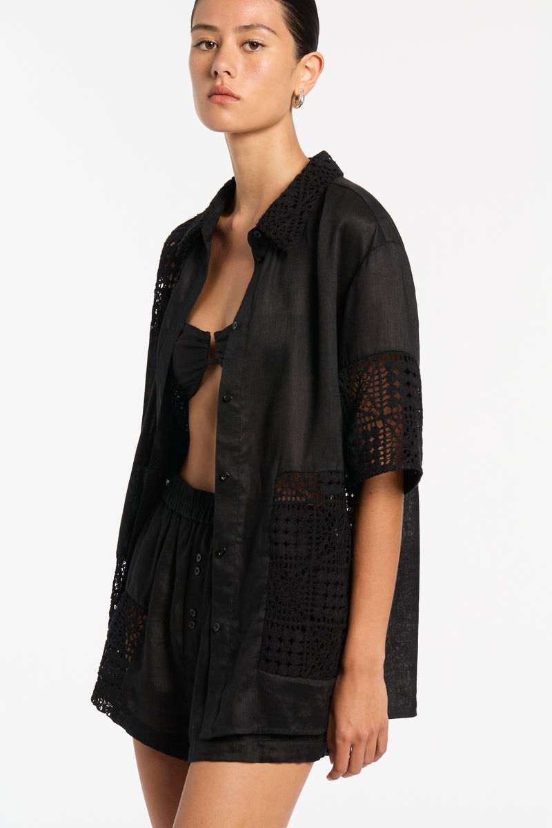 SIR the label Rayure Patchwork Shirt Black Crochet